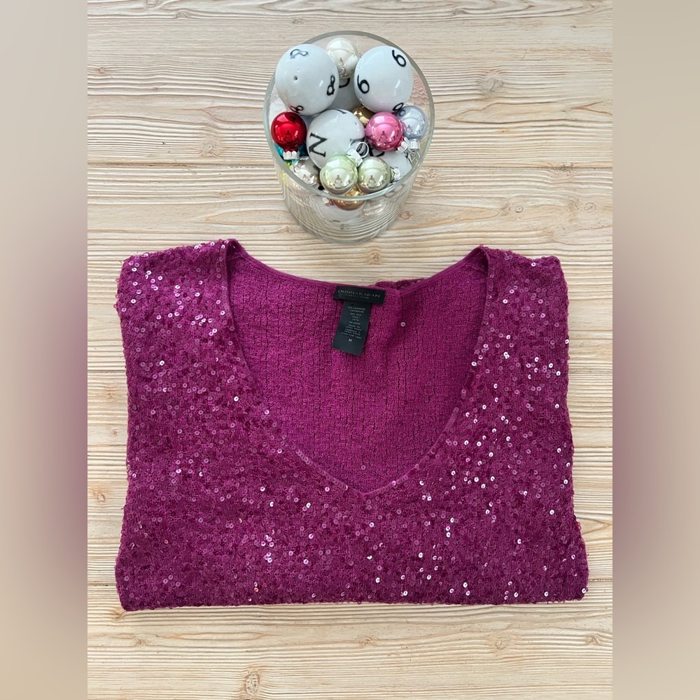 Donna Karan Collection Cashmere Silk Sequin V-Neck Sweater – Berry - Picture 7 of 7